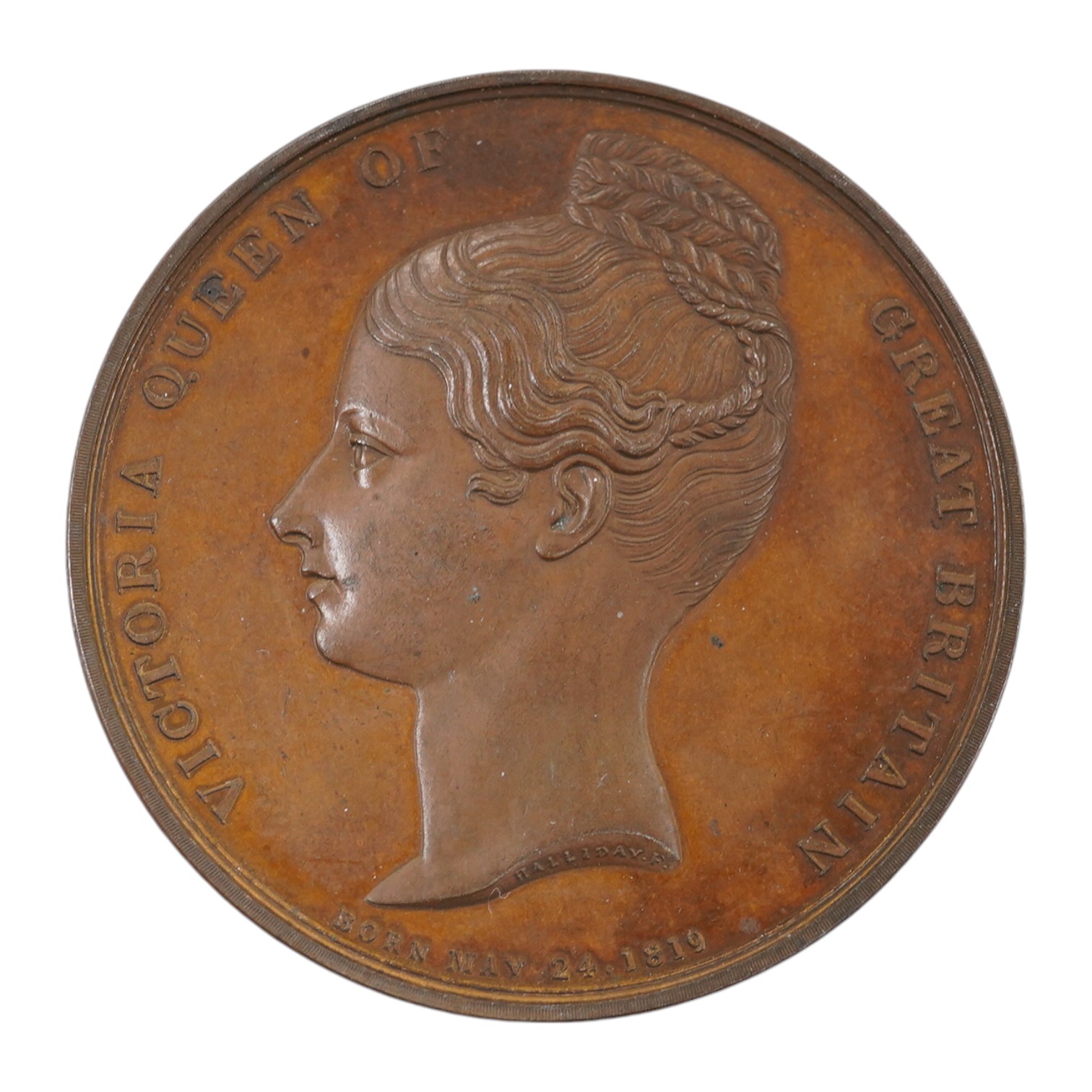 British Royal commemorative medals, Victoria Coronation 1838, copper medal, by Thomas Halliday, bust l., hair in chignon, VICTORIA QUEEN OF GREAT BRITAIN, rev. the Queen crowned by figures of the three kingdoms, Fame fli